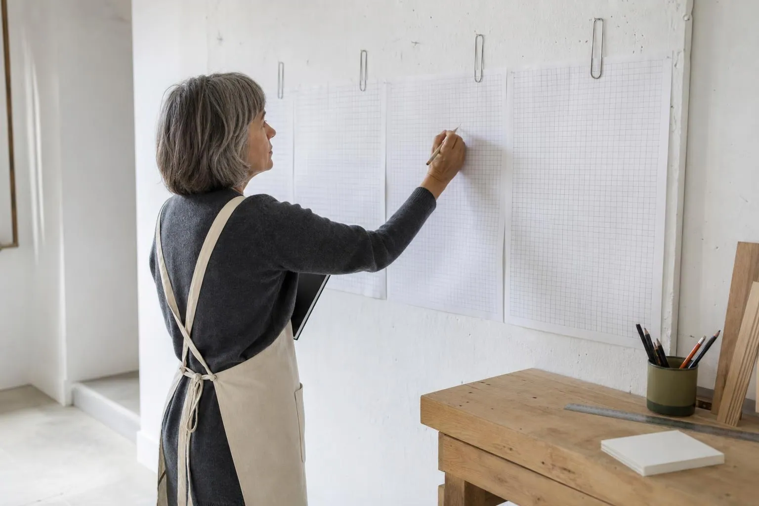 Artisane debout devant un planning mural en papier, cochant au crayon une case parmi des feuilles fixées par des trombones