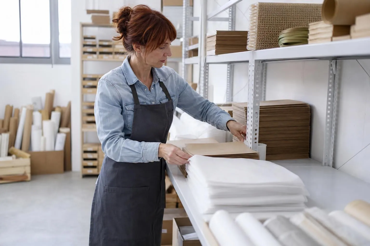 Créatrice triant des matériaux d’emballage, papier de soie et cartons, dans la réserve claire de son atelier