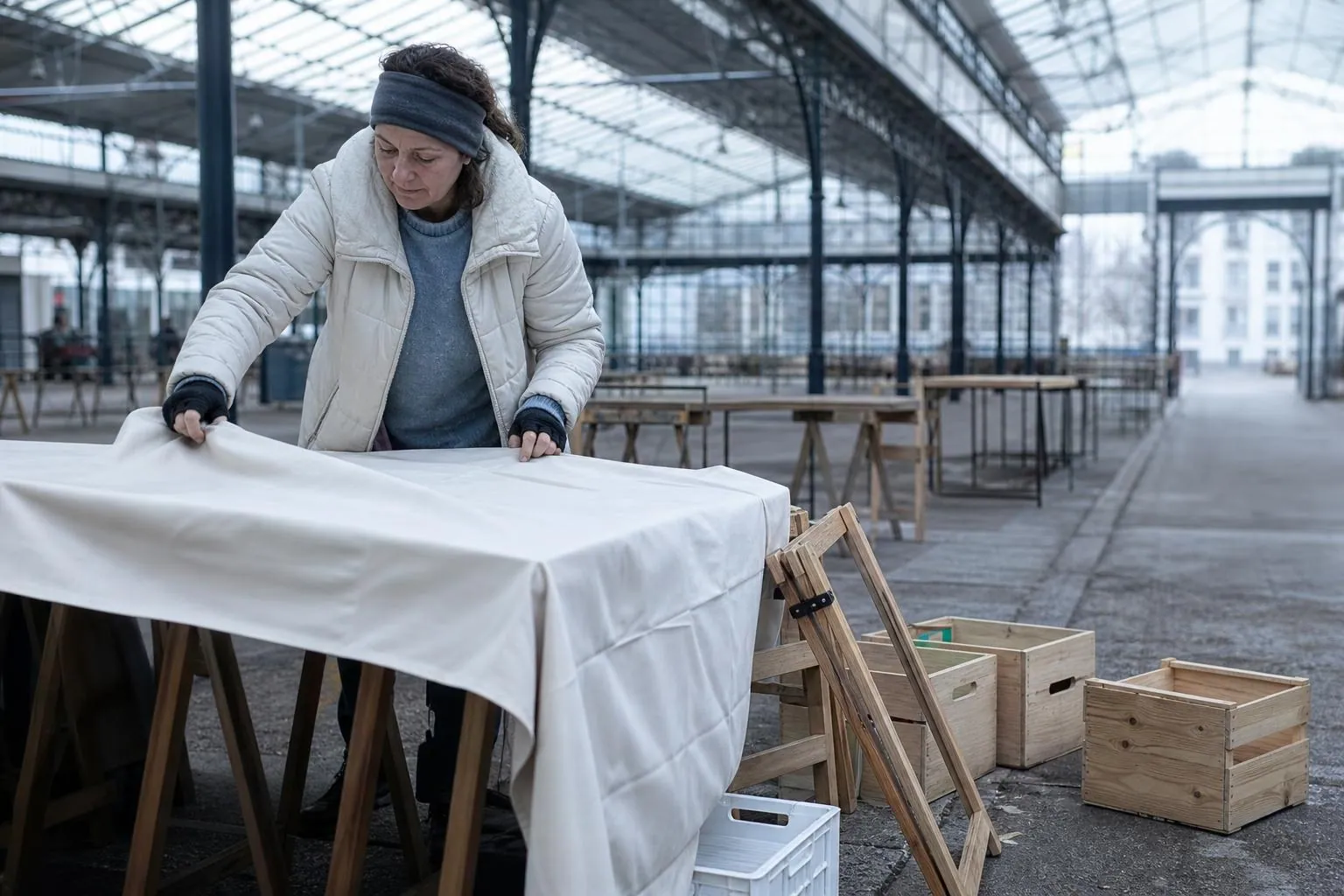 Créatrice dépliant une nappe blanche sur des tréteaux pour monter son stand dans une halle de marché, caisses posées au sol