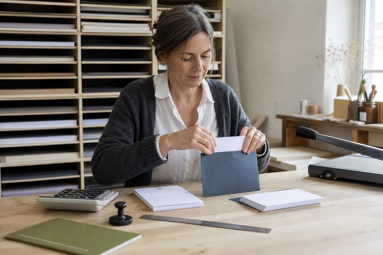 Créatrice de papeterie classant des factures papier dans une pochette cartonnée sur une table de travail claire
