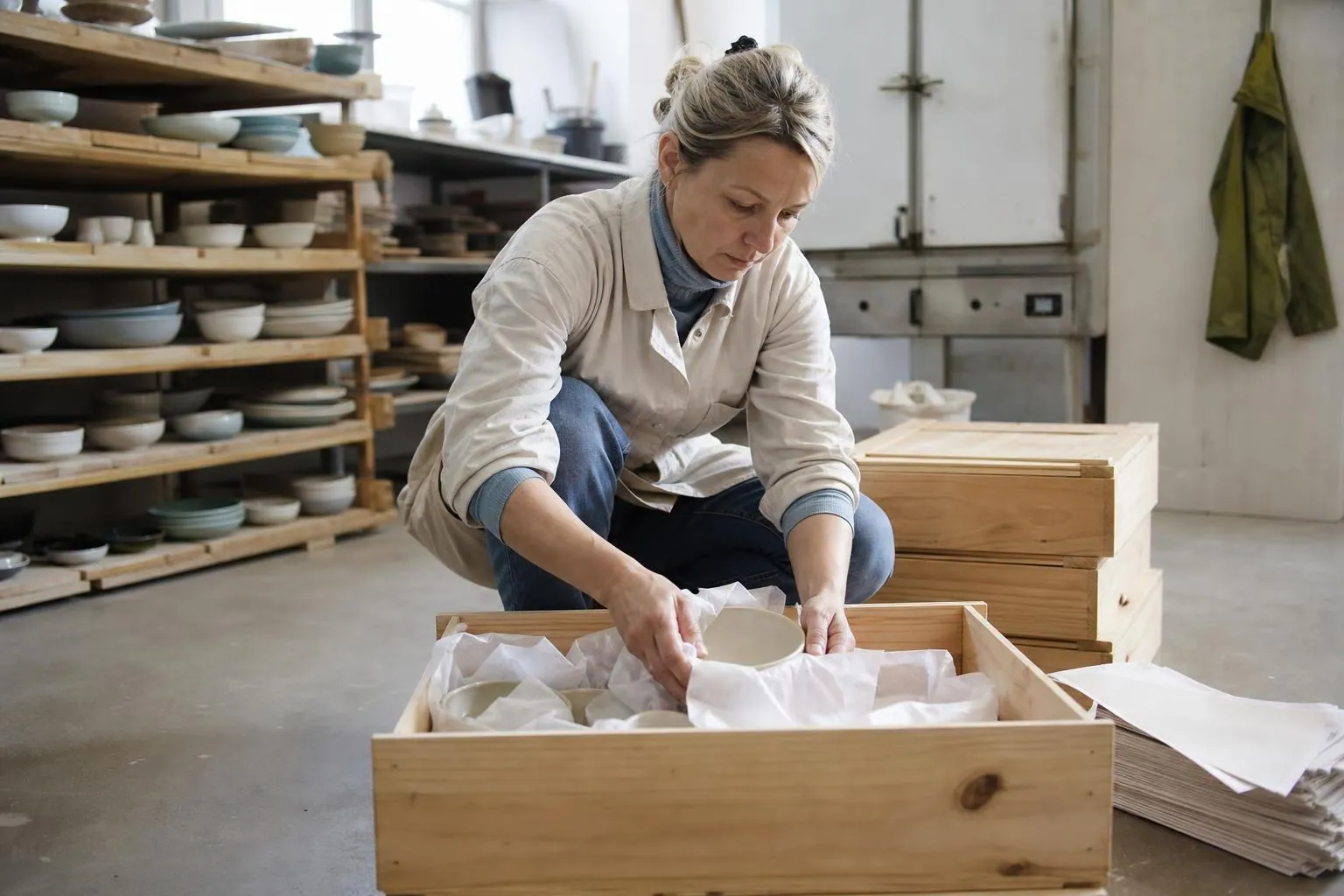 Céramiste rangeant des bols émaillés dans des caisses en bois avant une saison de vente, dans un atelier clair