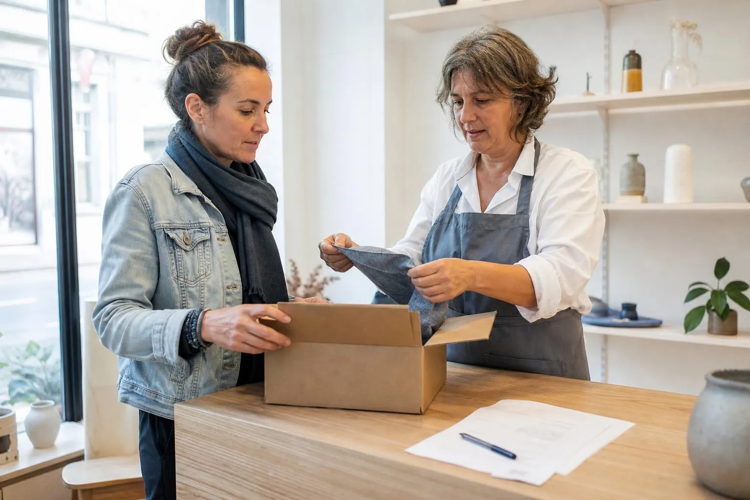 Créatrice remettant un carton de pièces à la gérante d’une boutique, un bon de dépôt papier posé sur le comptoir en bois clair