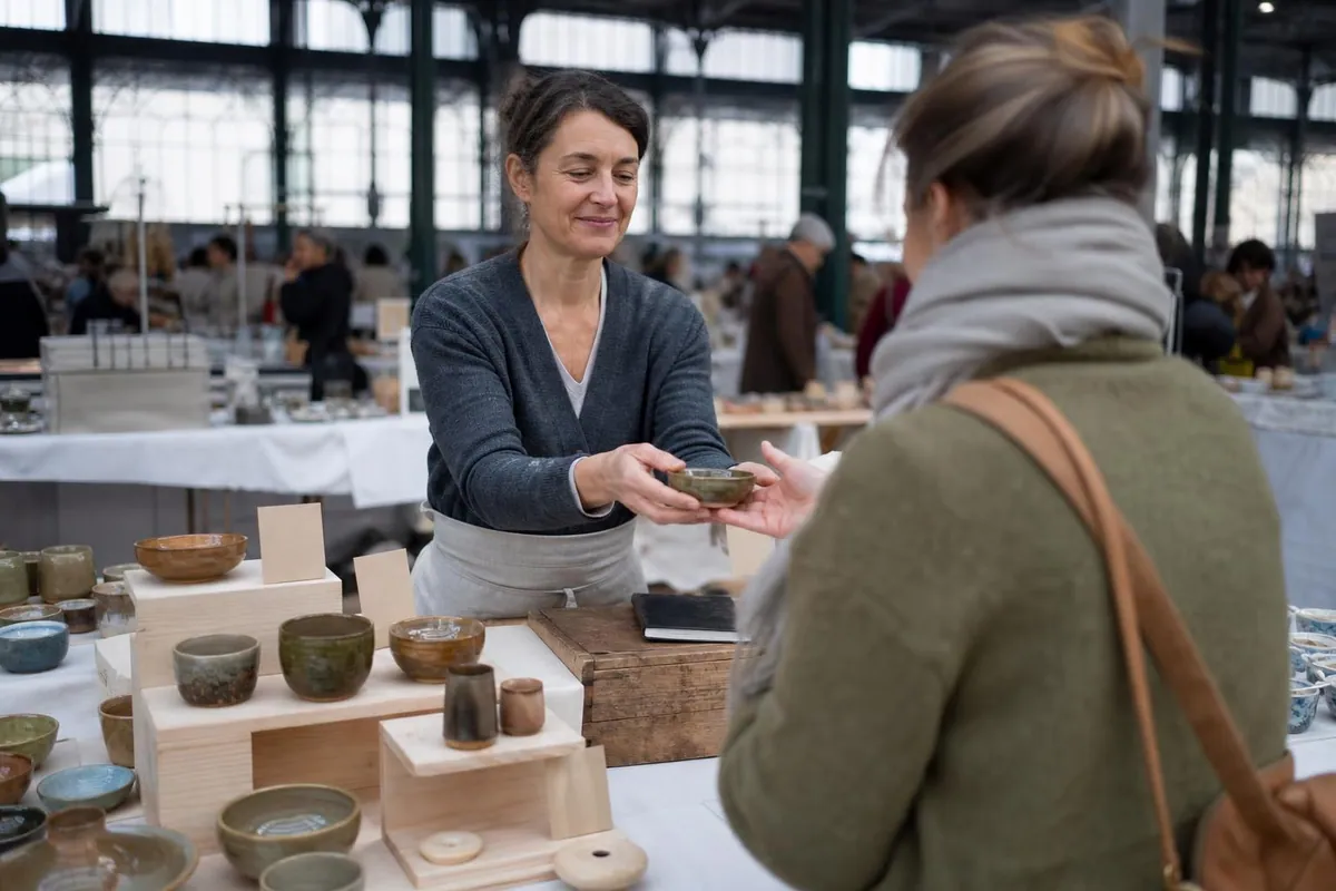 Artisane derrière son stand de marché de créateurs, présentant une pièce en céramique à une cliente